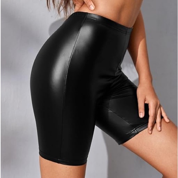 Shinestar Pants - Y2K Goth Punk Baddie Black Vegan Leather High Waist Zip Back Biker Shorts